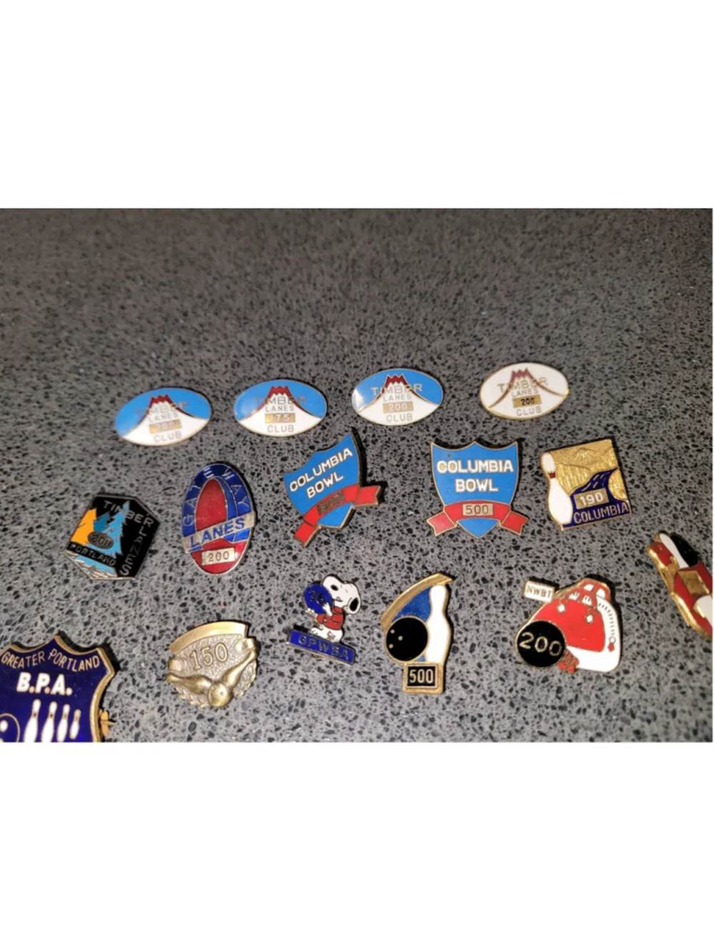 Vintage Bowling Pin Lot Snoopy GPWBA Columbia Timber Lanes Cascade 500 200 Club